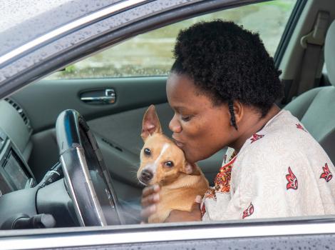 Person kissing a small dog, both in the front seat of a vehicle