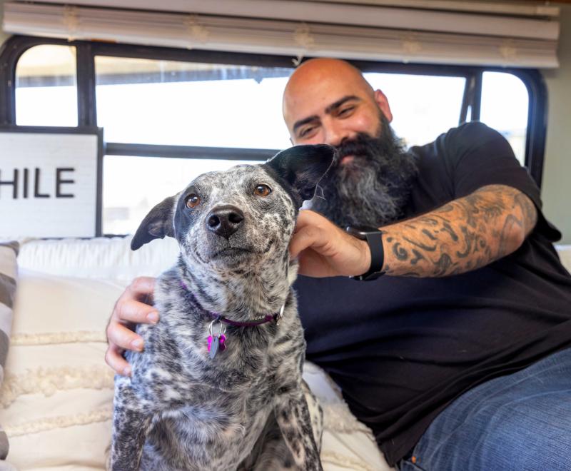 Smiling man sitting next to and petting a happy black and white spotted dog