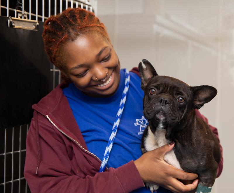 Smiling person holding a small dog in their arms at an animal shelter