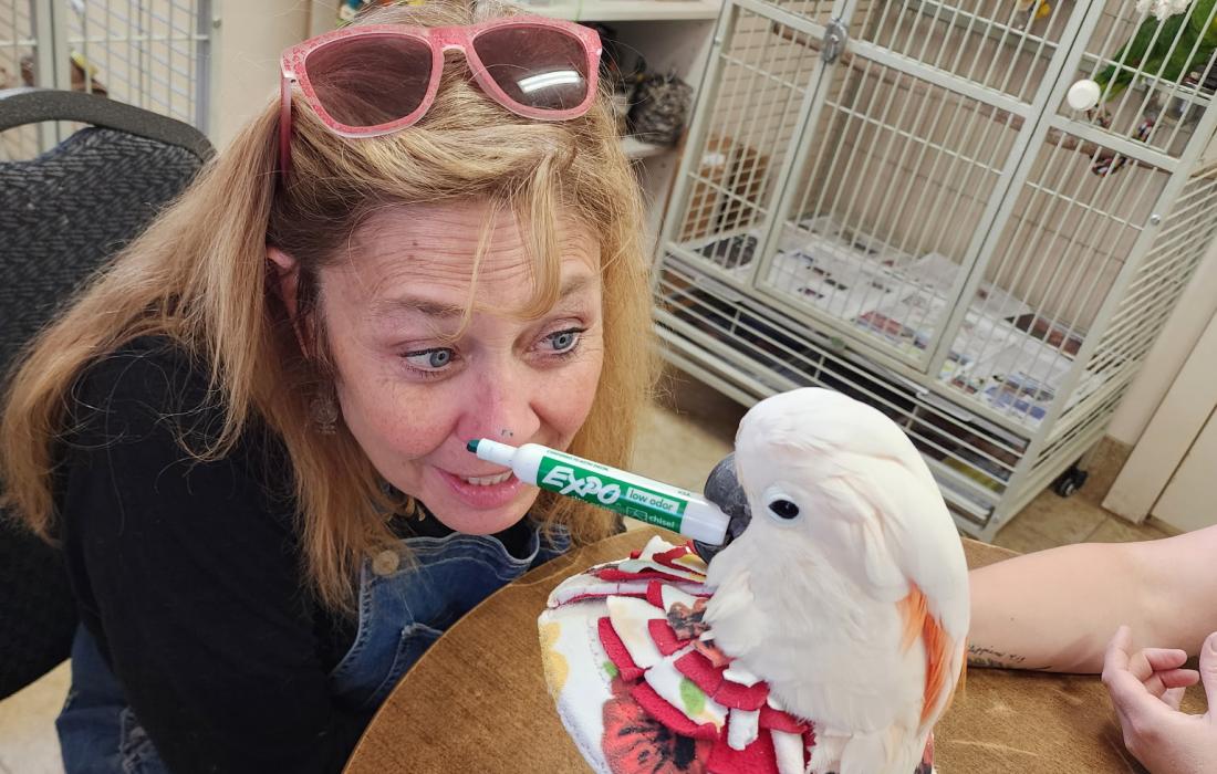 Rochelle Fraser with a parrot