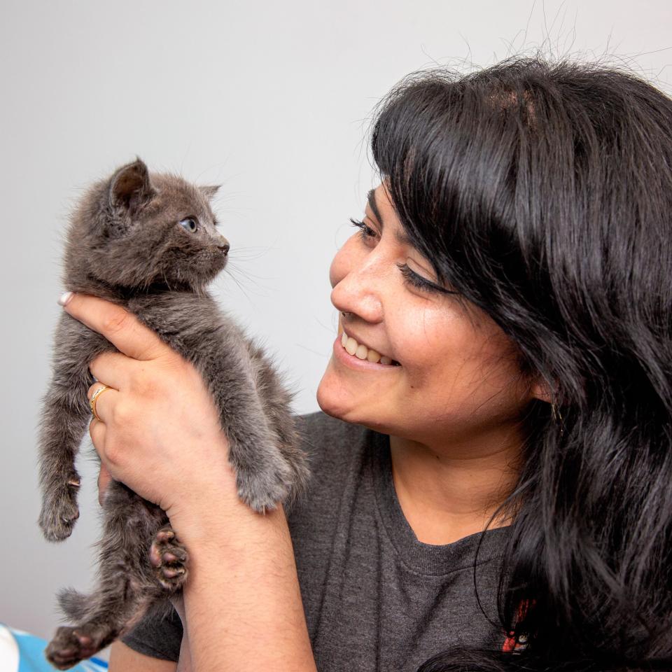 Woman smiling at a kitten she's holding up.